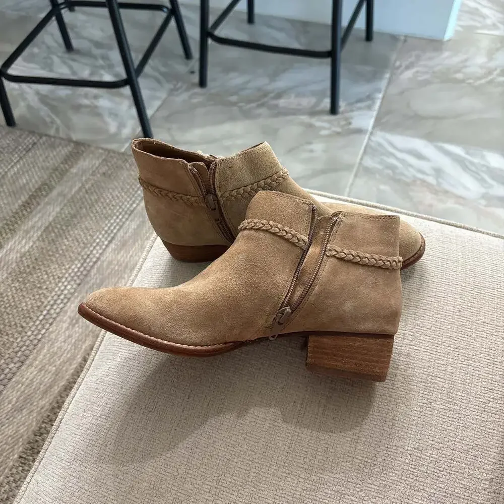 Gianni Bini Tan Suede Feathered Ankle Boot - Picture 3 of 7